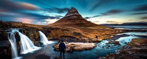 Preview wallpaper mountains, man, starry sky, waterfall, river