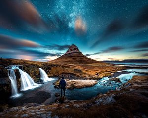 Preview wallpaper mountains, man, starry sky, waterfall, river