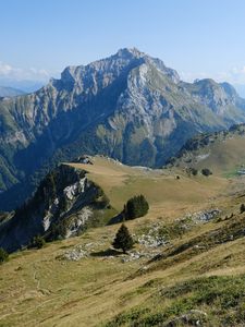 Preview wallpaper mountains, meadow, greenery, nature, aerial view, landscape