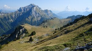 Preview wallpaper mountains, meadow, greenery, nature, aerial view, landscape