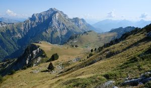 Preview wallpaper mountains, meadow, greenery, nature, aerial view, landscape