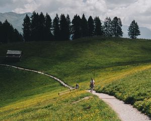 Preview wallpaper mountains, meadow, path, hills, trees, landscape