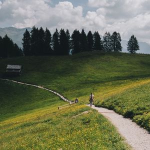 Preview wallpaper mountains, meadow, path, hills, trees, landscape