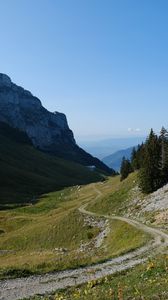 Preview wallpaper mountains, meadow, road, trees, landscape