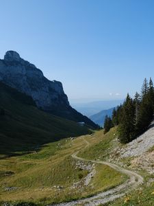 Preview wallpaper mountains, meadow, road, trees, landscape
