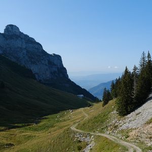 Preview wallpaper mountains, meadow, road, trees, landscape