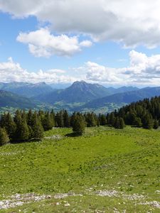 Preview wallpaper mountains, meadow, trees, grass, landscape, nature