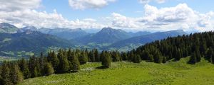 Preview wallpaper mountains, meadow, trees, grass, landscape, nature