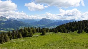Preview wallpaper mountains, meadow, trees, grass, landscape, nature