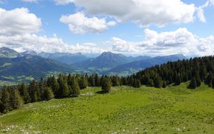 Preview wallpaper mountains, meadow, trees, grass, landscape, nature