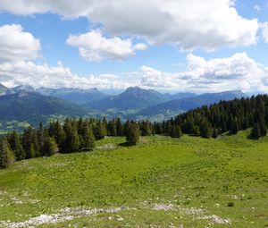 Preview wallpaper mountains, meadow, trees, grass, landscape, nature