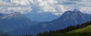 Preview wallpaper mountains, meadow, trees, nature, landscape