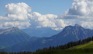 Preview wallpaper mountains, meadow, trees, nature, landscape