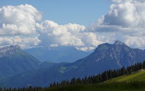 Preview wallpaper mountains, meadow, trees, nature, landscape