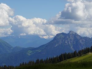 Preview wallpaper mountains, meadow, trees, nature, landscape