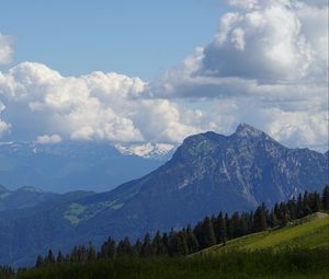 Preview wallpaper mountains, meadow, trees, nature, landscape