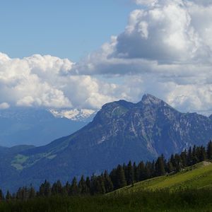 Preview wallpaper mountains, meadow, trees, nature, landscape