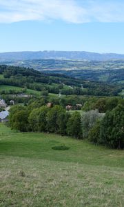 Preview wallpaper mountains, meadow, village, landscape, greenery