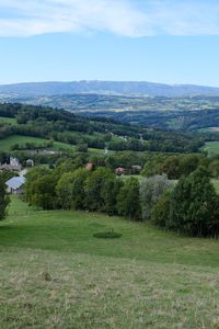 Preview wallpaper mountains, meadow, village, landscape, greenery