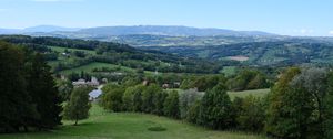 Preview wallpaper mountains, meadow, village, landscape, greenery