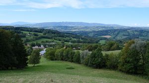 Preview wallpaper mountains, meadow, village, landscape, greenery