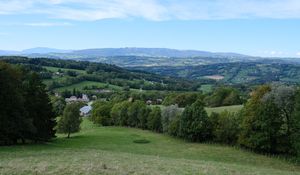 Preview wallpaper mountains, meadow, village, landscape, greenery