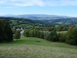 Preview wallpaper mountains, meadow, village, landscape, greenery