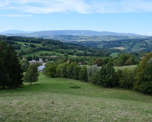 Preview wallpaper mountains, meadow, village, landscape, greenery