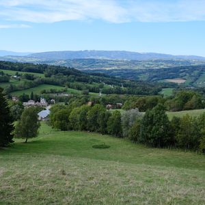 Preview wallpaper mountains, meadow, village, landscape, greenery