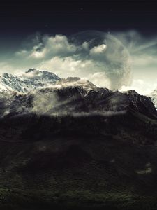 Preview wallpaper mountains, moon, clouds, height, colors, paints, shades, gloomy, mysticism