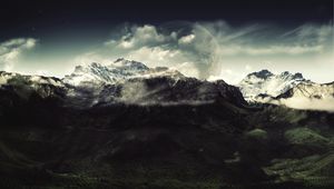 Preview wallpaper mountains, moon, clouds, height, colors, paints, shades, gloomy, mysticism