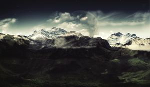 Preview wallpaper mountains, moon, clouds, height, colors, paints, shades, gloomy, mysticism