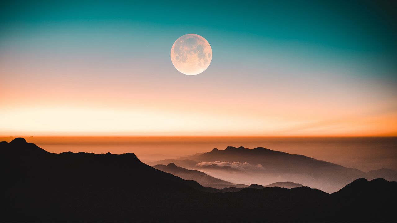 Wallpaper mountains, moon, fog, peaks, twilight