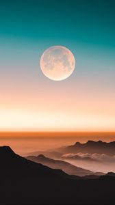 Preview wallpaper mountains, moon, fog, peaks, twilight