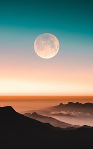 Preview wallpaper mountains, moon, fog, peaks, twilight