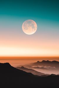 Preview wallpaper mountains, moon, fog, peaks, twilight
