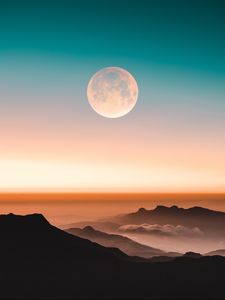 Preview wallpaper mountains, moon, fog, peaks, twilight