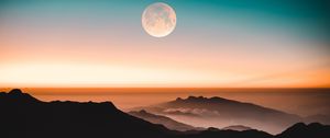 Preview wallpaper mountains, moon, fog, peaks, twilight