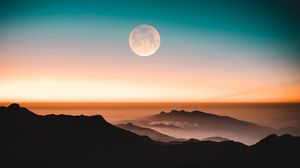 Preview wallpaper mountains, moon, fog, peaks, twilight
