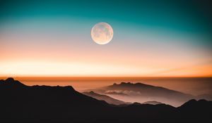 Preview wallpaper mountains, moon, fog, peaks, twilight