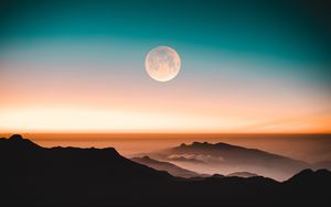 Preview wallpaper mountains, moon, fog, peaks, twilight