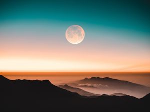 Preview wallpaper mountains, moon, fog, peaks, twilight