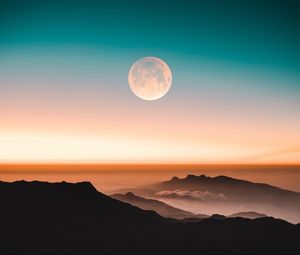 Preview wallpaper mountains, moon, fog, peaks, twilight