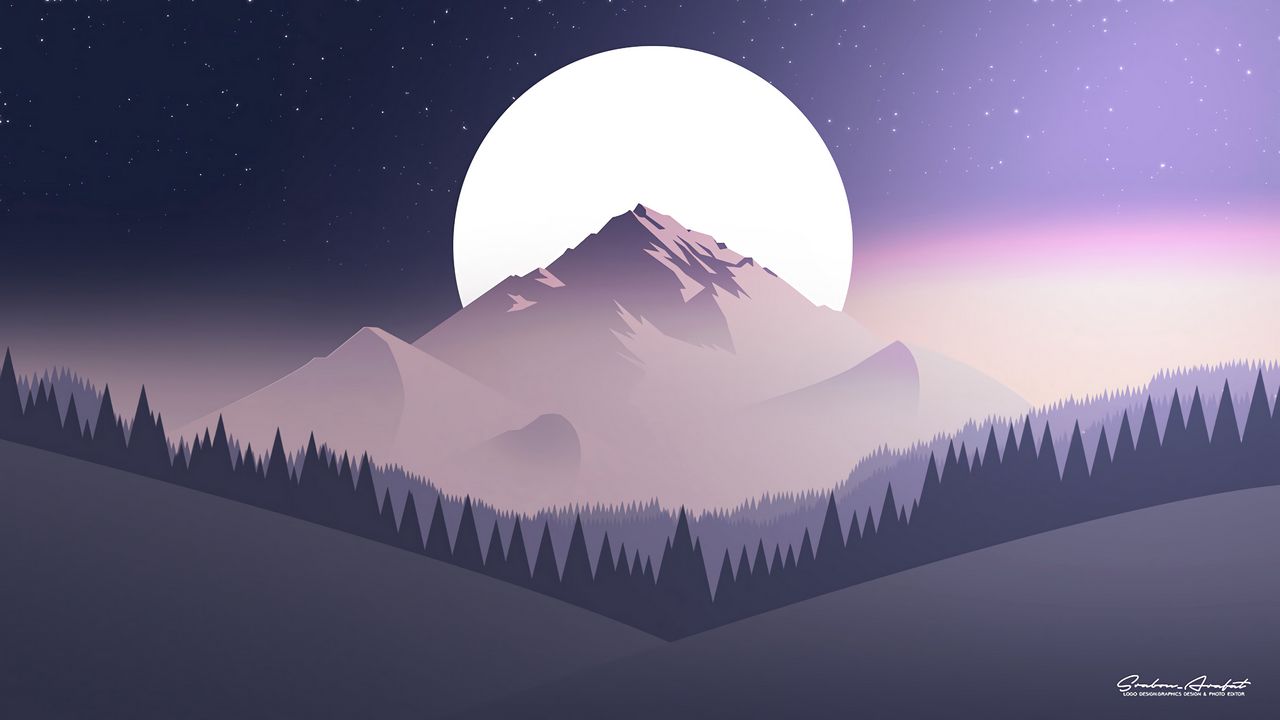 Wallpaper Mountains Moon Forest Night Starry Sky Vector Flat Hd Picture Image