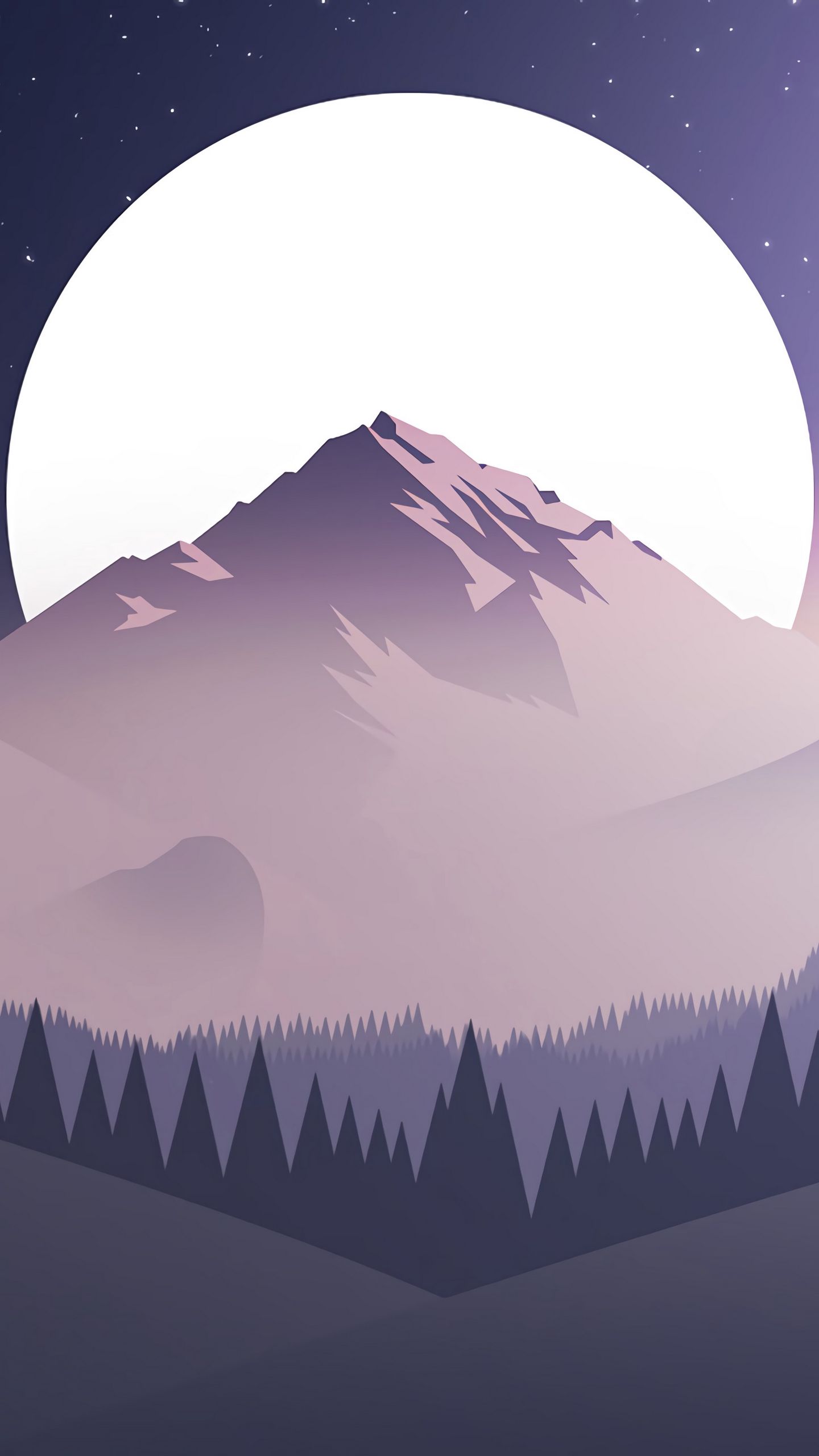 1440x2560 Wallpaper mountains, moon, forest, night, starry sky, vector, flat