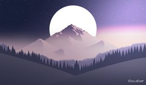 Preview wallpaper mountains, moon, forest, night, starry sky, vector, flat