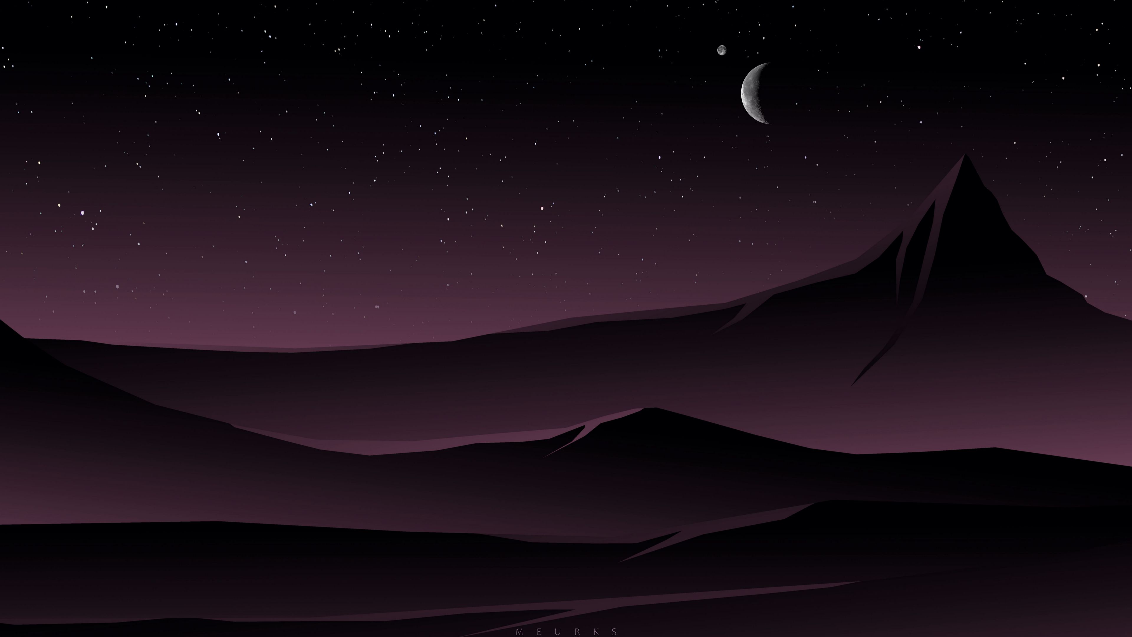 Download wallpaper 3840x2160 mountains, moon, night, vector, art 4k uhd