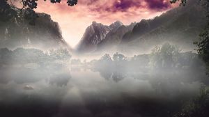 Preview wallpaper mountains, morning, fog, sunrise, sky, mystery