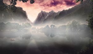 Preview wallpaper mountains, morning, fog, sunrise, sky, mystery
