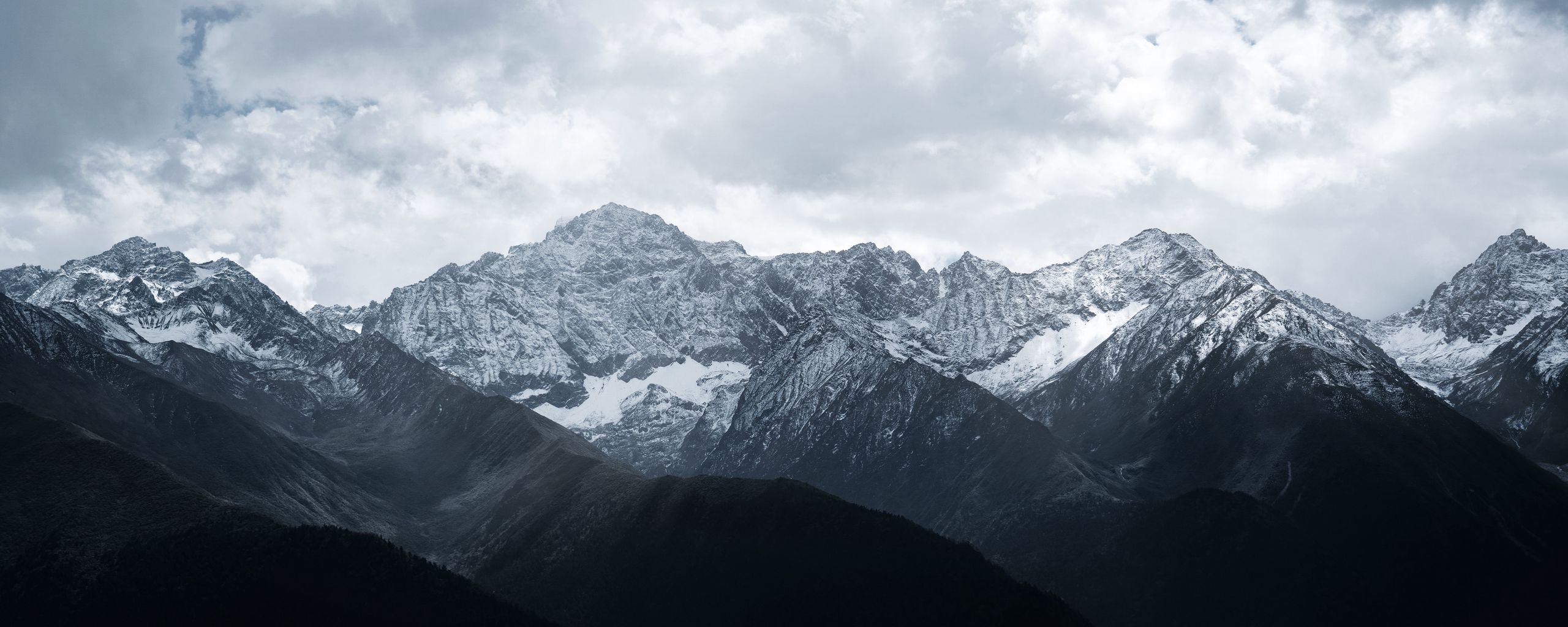 Download wallpaper 2560x1024 mountains, mountain range, peaks, clouds